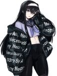  1girl alternate_costume bangs black_hair black_jacket black_pants blue_eyes clothes_writing drip_(meme) hairband hand_in_own_hair headband highres jacket jonyeld long_hair long_sleeves looking_at_viewer meme meme_attire open_mouth pants sailor_collar shirt solo stomach tohno_akiha tsukihime white_background white_hairband white_shirt 