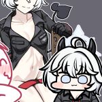  1boy 1girl :3 arona&#039;s_sensei_doodle_(blue_archive) black_background black_gloves blue_archive blue_eyes blush bottomless breasts chibi cleavage erika_(blue_archive) gloves horns jazz_jack lowres navel sensei_(blue_archive) short_hair simple_background tail white_hair 