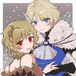  2girls ahoge ascot bangs bare_shoulders blonde_hair blue_eyes blush citrinne_(fire_emblem) dress earrings fire_emblem fire_emblem_engage fur_trim gloves hair_ornament highres jewelry looking_at_viewer merrin_(fire_emblem) multiple_girls noshima red_eyes shirt short_hair simple_background smile swept_bangs upper_body wavy_hair wing_hair_ornament 