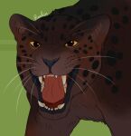  ambiguous_gender black_spots brown_body brown_eyes brown_fur fangs felid feral front_view fur mammal open_mouth red_tongue roobin signature simple_background solo spots teeth tongue whiskers yellow_sclera 