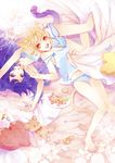  animal_ears bad_id bad_pixiv_id barefoot blonde_hair blue_eyes blue_hair flower food happy kuroyuki legs long_hair multiple_girls original rose short_hair sweets tail yellow_eyes 