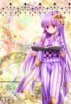  1girl bangs blunt_bangs book crescent crescent_hair_ornament eyes floating_hair floral_print hair_ornament highres japanese_clothes kimono long_hair long_sleeves open_book patchouli_knowledge print_kimono purple_eyes purple_hair purple_ribbon ribbon sea_scorpion_(umisasori) solo standing striped striped_kimono touhou very_long_hair wide_sleeves x_hair_ornament yukata 