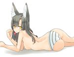  animal_ears ass breasts brown_hair cherry food fox_ears fruit holding holding_food holding_fruit long_hair lying medium_breasts nabeshima_tetsuhiro nipples on_stomach original panties saliva solo striped striped_panties topless underwear underwear_only yellow_eyes 