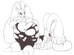  anthro anus ass_up big_butt breasts butt clothing duo female greyscale looking_back lopunny monochrome nintendo pok&eacute;mon pok&eacute;mon_(species) robotjoe thick_thighs tight_clothing torn_clothing video_games 