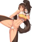  1girl abs arm_strap bare_shoulders brown_hair cameltoe clyde_s commentary_request dungeon_and_fighter fighter_(dungeon_and_fighter) fingerless_gloves framed_breasts gloves gluteal_fold high_ponytail highres kicking korean_commentary long_hair looking_to_the_side midriff panties ponytail revision simple_background solo standing standing_on_one_leg sweat thighhighs underwear very_long_hair white_background white_gloves yellow_eyes 
