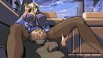  1boy 1girl artist_request blonde_hair breasts brown_legwear brown_thighhighs car cellphone character_request coat cunnilingus erect_nipples hand_on_another's_head hand_on_head huge_breasts long_hair lowres motor_vehicle oral phone sitting spread_legs sunglasses thighhighs vehicle 