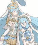  2girls aqua_(fire_emblem_if) blue_hair breasts dual_persona elbow_gloves eyes_closed feathers fingerless_gloves fire_emblem fire_emblem_heroes fire_emblem_if gloves gonzarez hair_between_eyes hair_ornament hand_on_another&#039;s_head holding_scepter jewelry long_hair medium_breasts multiple_girls nintendo parted_lips pendant scepter simple_background sleeping veil white_background white_gloves yellow_eyes younger 