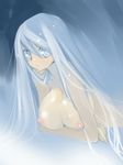  blue_eyes blue_hair breasts cleavage large_breasts long_hair lying nipples on_stomach original saibashi solo topless 