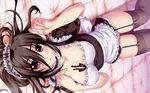  alpha_(yukai_na_nakamatachi) bed black_hair blush bonnet breasts brown_eyes brown_hair cleavage covered_nipples duplicate frills from_above g-senjou_no_maou garter_straps highres large_breasts long_hair lying maid maid_headdress nipples on_back open_mouth panties pantyshot pantyshot_(lying) red_eyes skirt skirt_lift solo striped striped_panties thighhighs underwear usami_haru wallpaper widescreen 