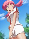  1girl akane_(pokemon) awa gym_leader pink_hair pokemon shorts solo 