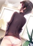  1girl ass bangs black_shirt blurry blurry_background brown_hair butt_crack commentary_request depth_of_field dutch_angle eyebrows_visible_through_hair from_behind highres idolmaster idolmaster_cinderella_girls idolmaster_cinderella_girls_starlight_stage indoors long_sleeves looking_at_viewer looking_back no_pants panties parted_lips plant purple_eyes revision shirayuki_chiyo shirt solo underwear wall_lamp white_panties window yan_(nicknikg) 