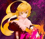  aco_(koaya_ako) armpits bakemonogatari bare_shoulders blonde_hair breasts cleavage collarbone colored_eyelashes eyelashes foreshortening gloves huge_breasts kiss-shot_acerola-orion_heart-under-blade long_hair looking_at_viewer monogatari_(series) paint_splatter yellow_eyes 