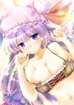 absurdres ayase_miko blush breasts cleavage embarrassed hat highres large_breasts long_hair navel patchouli_knowledge purple_eyes purple_hair solo touhou 