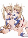  2girls absurdres arched_back armor ass bare_shoulders bikini_armor blonde_hair blue_eyes blush boots bradamante_(fate/grand_order) braid breasts cameltoe cleavage clone commentary_request criss-cross_halter crown_braid elbow_gloves erect_nipples eyebrows_visible_through_hair fate/grand_order fate_(series) faulds feet_out_of_frame gloves gluteal_fold groin hair_between_eyes halterneck hand_gesture highleg highres knee_boots long_hair looking_at_viewer looking_back medium_breasts multiple_girls navel new970 open_mouth pulled_by_self revision sidelocks simple_background sitting spread_legs strap_pull thigh_strap twintails v wariza white_background white_gloves 
