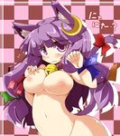  animal_ears bell bell_collar bow breasts cat_ears cat_tail collar crescent crescent_hair_ornament hair_bow hair_ornament inverted_nipples jingle_bell kemonomimi_mode large_breasts long_hair nipples nude patchouli_knowledge purple_eyes purple_hair ribbon shirogane_(platinum) solo tail touhou 