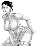  breasts bridal_gauntlets cleavage earrings elbow_gloves gloves greyscale hair_bun jewelry large_breasts monochrome solo tamanegiya tekken tekken_6 zafina_(tekken) 