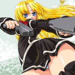  arnval bad_id bad_pixiv_id blonde_hair blue_eyes busou_shinki dd_(ijigendd) dual_wielding foreshortening gangsta_hold gun holding long_hair panties pantyshot solo striped striped_panties thighhighs trigger_discipline underwear upskirt weapon 