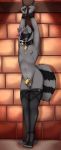  2019 anthro bagworm_(artist) bdsm blindfold bondage bound chastity chastity_cage clothed clothing cock_gag collar crossdressing cuffs_(disambiguation) dante_(raccoon) description detailed_background fur gag gagged girly grey_fur hands_above_head hi_res horny_(disambiguation) leggings legwear lock male mammal partially_clothed procyonid raccoon restrained rubber sex_toy slave solo strapped straps submissive submissive_male tag 