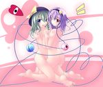  barefoot blue_eyes eyes gisyo hat heart heart_of_string holding_hands komeiji_koishi komeiji_satori multiple_girls nude purple_eyes short_hair siblings sisters touhou 