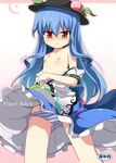 &gt;:) blue_hair cover cover_page flat_chest hat highres hinanawi_tenshi long_hair mamo_williams nipples off_shoulder panties red_eyes smile solo striped striped_panties topless touhou underwear upskirt v-shaped_eyebrows 