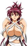  aizumi_kikko bakunetsu_sentouki breast_squeeze breasts cleavage covered_nipples kaise_sousuke large_breasts long_hair naked_ribbon nude open_mouth pink_hair red_eyes ribbon solo very_long_hair wrapped_up 