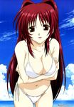  :d absurdres bangs bikini blush breast_hold breast_squeeze breasts brown_eyes cleavage cloud crossed_arms day hair_intakes highres kousaka_tamaki large_breasts leaning_forward long_hair looking_at_viewer megami navel nishio_kouhaku ocean official_art open_mouth outdoors parted_bangs red_hair scan side-tie_bikini sideboob sidelocks sky smile solo standing string_bikini swimsuit to_heart_2 very_long_hair water white_bikini 