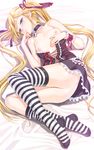  blonde_hair breasts choker corset feet happoubi_jin highres kanojo_x_kanojo_x_kanojo legs lock long_hair lying no_panties orifushi_mafuyu small_breasts solo striped striped_legwear thighhighs twintails very_long_hair 