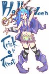  blue_hair copyright_request detached_sleeves facial_mark halloween hat long_hair pointy_shoes red_eyes shoes snake solo staff striped striped_legwear tattoo thighhighs trick_or_treat tsukusun white_background witch_hat 