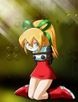  blonde_hair blue_eyes bondage bound daikinbakuju gag hair_ribbon long_hair megaman_(game) ponytail ribbon rockman rockman_(original) roll 