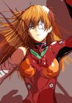  1girl bandages blue_eyes closed_mouth expressionless eyepatch igusaharu lance_of_longinus_(evangelion) long_hair looking_at_viewer lying medical_eyepatch neon_genesis_evangelion on_back out_of_frame plugsuit pov rebuild_of_evangelion red_hair shadow solo_focus souryuu_asuka_langley upper_body 