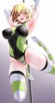  1girl :d akatsuki_kirika armpits blonde_hair blush breasts covered_navel elbow_gloves gloves green_eyes green_leotard green_thighhighs groin highres large_breasts leotard looking_at_viewer senki_zesshou_symphogear short_hair smile solo striped striped_thighhighs stripper_pole sweat thighhighs ulrich_(tagaragakuin) white_gloves 