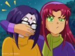  1990s_(style) 2girls animification brenni_murasaki clip_studio_paint_(medium) closed_mouth colored_sclera cosplay covering_another&#039;s_mouth daphne_ann_blake daphne_ann_blake_(cosplay) dc_comics forest glasses green_eyes green_scarf green_sclera hairband multiple_girls nature night night_sky outdoors purple_hair purple_hairband raven_(dc) red_hair retro_artstyle scarf scooby-doo sky star_(sky) starfire starry_sky sweater teen_titans uneven_eyes upper_body velma_dace_dinkley velma_dace_dinkley_(cosplay) yellow_sweater 