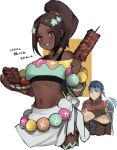  1boy 1girl armor bangs bare_shoulders blue_eyes blue_hair breasts brown_eyes brown_hair cape dark-skinned_female dark_skin fire_emblem fire_emblem:_path_of_radiance fire_emblem:_radiant_dawn fire_emblem_engage hair_ornament headband highres ike_(fire_emblem) jewelry long_hair looking_at_viewer medium_breasts official_alternate_costume ponytail seinikuten short_hair skirt smile star-shaped_pupils star_(symbol) symbol-shaped_pupils timerra_(fire_emblem) very_dark_skin 