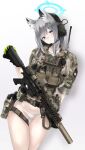 1girl american_flag animal_ears assault_rifle blue_archive blue_eyes camouflage cat_ears chest_rig expressionless gun handgun headset highres holding holding_gun holding_weapon holster laser_sight looking_at_viewer magazine_(weapon) military military_uniform no_pants optical_sight panties patch pz-15 rifle shiroko_(blue_archive) sleeves_rolled_up solo suppressor thigh_holster thighs underwear uniform weapon weapon_request white_background white_hair white_panties woodland_camouflage 
