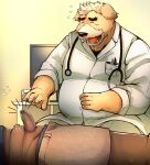  2023 anthro arufina_w belly big_belly blush bottomwear canid canine canis censored clothed clothing doctor domestic_dog duo erection eyes_closed genitals hi_res kemono laugh male mammal medical_instrument overweight overweight_male pants partially_clothed penis scientific_instrument shirt shorts shorts_down sitting topwear 