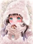  1girl bangs blue_eyes blush brown_gloves brown_hair closed_mouth coat cup fur-trimmed_headwear ginniroya gloves grey_background hat highres holding holding_cup hot_chocolate long_hair long_sleeves looking_at_viewer original scarf smile snowing solo twitter_username upper_body white_coat white_scarf 