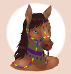  2021 ambiguous_gender anthro blue_eyes brown_body brown_hair brown_mane choker digital_media_(artwork) dolero equid equine hair halter headshot_portrait hi_res horse jewelry lgbt_pride looking_at_viewer mammal mane necklace portrait pride_colors rainbow_pride_colors reins silvercdeer simple_background solo 