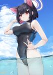  1girl adjusting_clothes adjusting_swimsuit animal_ears black_choker black_hair black_one-piece_swimsuit blue_archive blue_sky breasts cat_ears choker cloud colored_inner_hair commentary_request competition_swimsuit cowboy_shot extra_ears halo highleg highleg_swimsuit highres kazusa_(blue_archive) large_breasts multicolored_hair one-piece_swimsuit partially_underwater_shot pink_hair red_eyes shirasu_(19san) sky solo swimsuit two-tone_hair two-tone_swimsuit water 