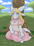  1girl animal_ears animal_feet barefoot blonde_hair blue_eyes blue_sky blush borrowed_character breasts bright_pupils closed_mouth cloud colored_skin commentary_request dappled_sunlight day dragon_girl dress full_body furry furry_female grass highres horns kame_(3t) long_dress long_hair looking_at_viewer medium_breasts original outdoors partial_commentary pink_dress puffy_short_sleeves puffy_sleeves shirt short_sleeves single_horn sitting sky sleeveless sleeveless_shirt snout solo split_mouth sunlight tail tree under_tree white_pupils white_shirt white_skin yokozuwari 