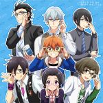  6+boys aki_ma_jiro akizuki_ryo antenna_hair aoi_kyosuke asymmetrical_bangs bangs black_hair blue_eyes book brown_eyes brown_hair collared_shirt fingernails glasses green-framed_eyewear grey_hair hair_between_eyes hazama_michio highres holding holding_book idolmaster idolmaster_side-m iseya_shiki jewelry kurono_genbu long_sleeves looking_at_viewer male_child male_focus multiple_boys necklace necktie okamura_nao one_eye_closed open_clothes open_shirt pink-framed_eyewear purple_eyes ring sakuraba_kaoru shirt short_sleeves smile teeth tongue tongue_out wristband 