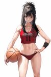  1girl bare_arms bare_shoulders basket basketball_uniform black_eyes black_hair black_wristband breasts buruma character_request cleavage cowboy_shot crop_top crop_top_overhang hand_on_hip high_ponytail holding holding_basket long_hair looking_at_viewer medium_breasts milin_(orange_maru) navel parted_lips ponytail red_shirt shirt slam_dunk_(series) sleeveless sleeveless_shirt solo sportswear stomach sweat sweatband thighs toned underwear wristband 