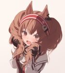  1girl :d angelina_(arknights) animal_ears arknights bangs brown_eyes brown_gloves brown_hair bunching_hair coat commentary_request fox_ears gloves hairband hands_up long_hair long_sleeves looking_at_viewer nazu_sawa open_clothes open_coat open_mouth red_hairband shirt simple_background smile solo tongue upper_body white_background zipper 