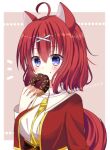  1girl ahoge amairo_islenauts animal_ears bangs between_breasts blue_eyes blush breasts chocolate_doughnut collar commentary commission doughnut food food_in_mouth hair_between_eyes hair_ornament hand_up jacket large_breasts light_brown_background looking_at_viewer masaki_gaillard medium_hair necktie necktie_between_breasts notice_lines red_fur red_hair red_jacket ryuua_(pink-moon_8739) school_uniform shirt simple_background solo tail twitter_username upper_body white_collar white_shirt wing_collar wolf_ears wolf_girl wolf_tail x_hair_ornament yellow_necktie yuzu-soft 