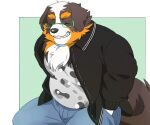  2023 anthro belly bernese_mountain_dog black_body black_nose blush bottomwear brown_body canid canine canis clothing domestic_dog eyes_closed eyewear glasses hi_res inunoshippo kemono male mammal molosser mountain_dog pants shirt slightly_chubby solo swiss_mountain_dog topwear white_body 