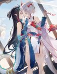  2girls arknights bare_legs bare_shoulders bead_bracelet beads blue_dress blue_skin blue_sky blush bracelet braid breasts china_dress chinese_clothes closed_eyes closed_umbrella colored_skin day dragon_girl dragon_horns dragon_tail dress dusk_(arknights) dusk_(everything_is_a_miracle)_(arknights) earrings feet_out_of_frame folded_fan folding_fan gradient_skin grey_hair hand_fan highres horns jewelry medium_breasts multicolored_hair multiple_girls nian_(arknights) nian_(unfettered_freedom)_(arknights) official_alternate_costume oil-paper_umbrella one_side_up open_mouth pelvic_curtain pointy_ears red_hair red_skin samele_otaku short_hair short_ponytail side_braid sky sleeveless sleeveless_dress standing streaked_hair tail tail_through_clothes two-tone_hair umbrella white_dress 