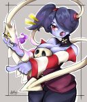  1girl blue_hair blue_skin breasts cleavage colored_skin hair_over_one_eye highres large_breasts leviathan_(skullgirls) long_hair looking_at_viewer open_mouth red_eyes side_ponytail skullgirls solo squigly_(skullgirls) zombie 