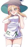  1girl @_@ absurdres animal_print apron bangs blonde_hair blush breasts crotch_outline d: darumoon dot_nose frog frog_print groin_outline hair_ribbon hand_on_own_stomach hand_up hat highres looking_down low_twintails medium_breasts medium_hair moriya_suwako naked_apron nose_blush open_mouth parted_bangs pyonta ribbon sidelocks simple_background solo sweatdrop thighhighs touhou twintails wavy_mouth white_background yellow_eyes zettai_ryouiki 