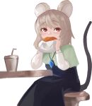  1girl animal_ears bangs black_dress blush burger capelet clip_studio_paint_(medium) commentary_request crystal cup disposable_cup dress eating feet_out_of_frame food green_capelet grey_hair highres holding holding_food jewelry lenserd long_sleeves looking_at_viewer mouse_ears mouse_girl mouse_tail nazrin pendant red_eyes shirt short_hair simple_background solo stool table tail touhou white_background white_shirt 