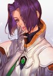  1girl brown_eyes dress gloves hair_over_one_eye hand_on_own_face head_tilt hungry_clicker looking_at_viewer miang_hawwa parted_lips purple_hair short_hair simple_background solo white_dress white_gloves xenogears 