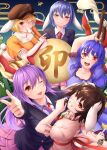  5girls animal_ears arm_under_breasts bangs black_jacket blazer blue_dress blue_hair blush breasts brown_hair brown_headwear cabbie_hat carrot_necklace chinese_zodiac cleavage closed_mouth collared_shirt commentary_request cowboy_shot crossed_arms dango dress earclip eating egasumi floppy_ears food food_in_mouth frilled_sleeves frills hair_between_eyes hat highres holding holding_mallet inaba_tewi jacket jewelry kine large_breasts long_hair long_sleeves looking_at_viewer mallet medium_breasts multiple_girls necklace necktie nuppa one_eye_closed open_mouth orange_shirt pink_dress pink_skirt puffy_short_sleeves puffy_sleeves purple_hair rabbit_ears rabbit_girl rabbit_tail red_eyes red_necktie reisen_(touhou_bougetsushou) reisen_udongein_inaba ribbon-trimmed_dress ringo_(touhou) seiran_(touhou) shirt short_hair short_sleeves shorts skirt small_breasts smile tail touhou wagashi wavy_hair white_shirt year_of_the_rabbit yellow_shorts 